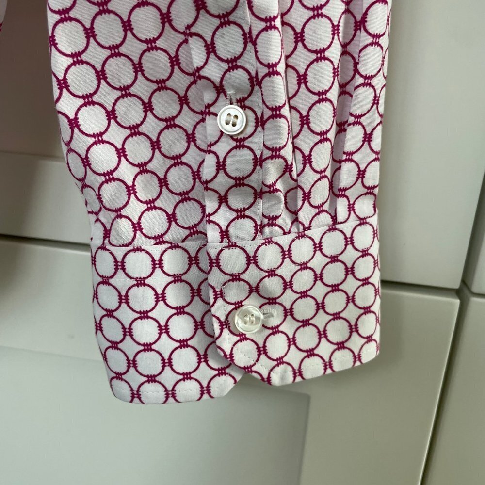 Talbots Petites Lg Slv Button Down Circle Print Cotton Blouse Fuschia Wht Sz 10P - Picture 5 of 11
